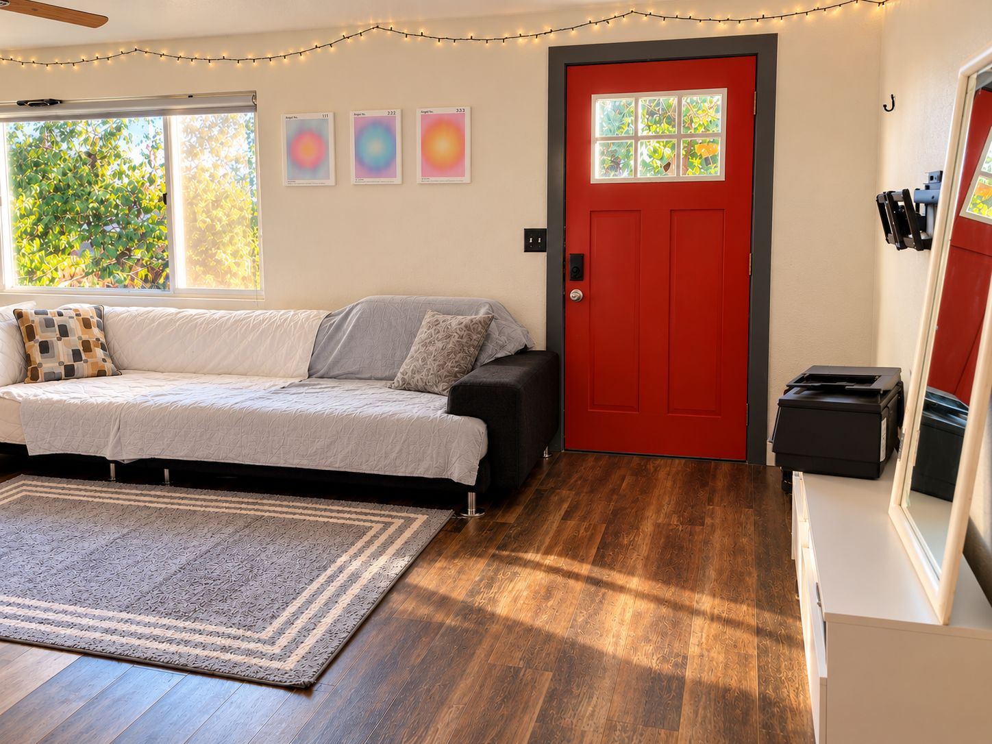 Living room with the red door
